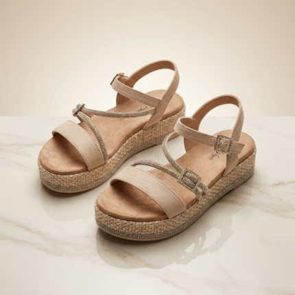 Sandales plateforme en suédine beige avec brides strassées