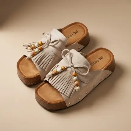 mules compensées à franges et perles