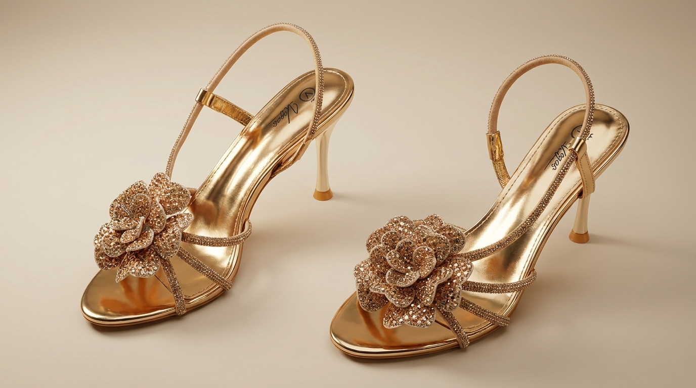 Shoes_in_luxury_advertisement_202607021837 (1) Sandales à talon élégantes avec fleur scintillante – Image 1
